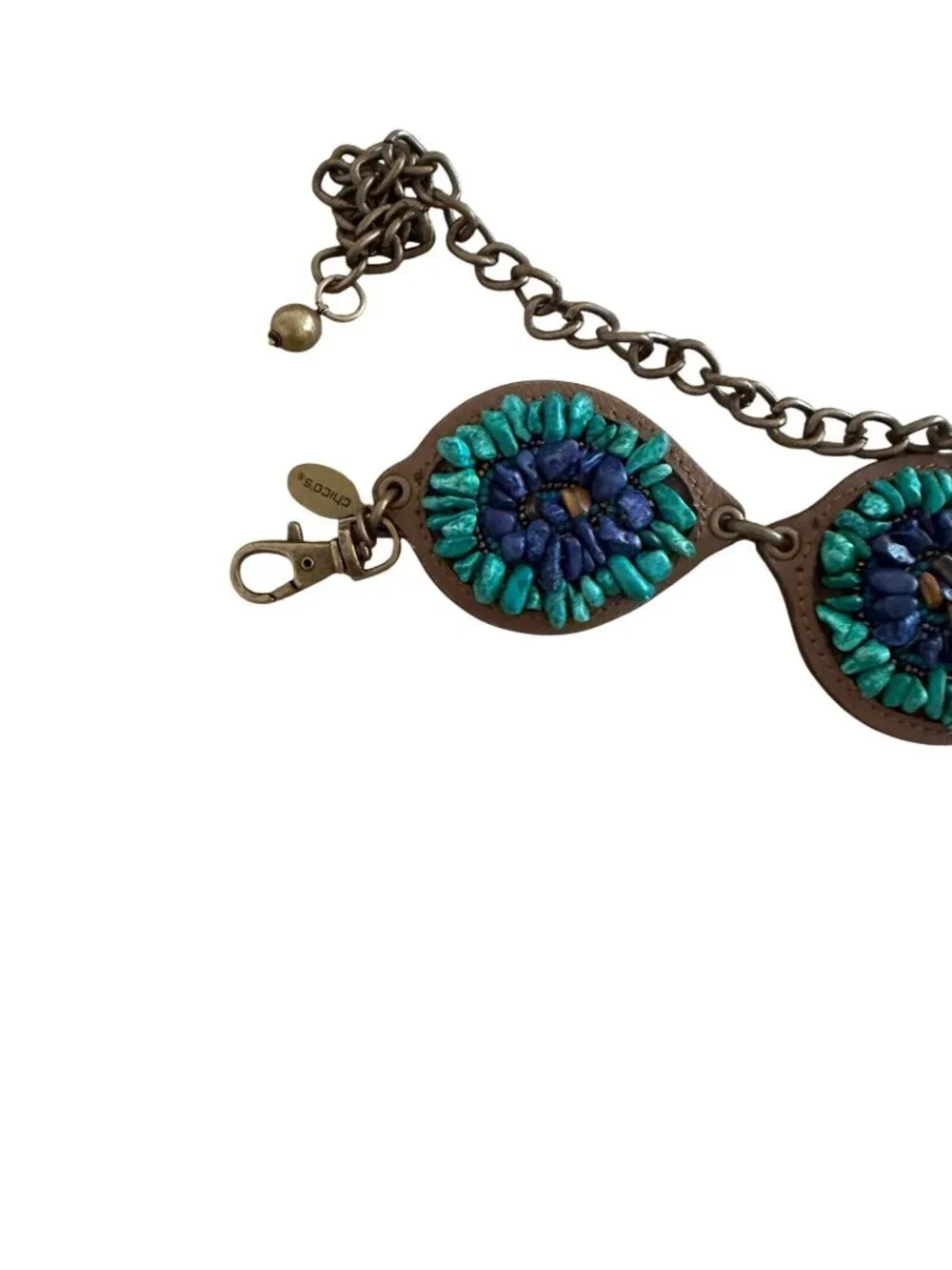Chicos Womens Beaded Stone Medallion Chain Belt One Size Blue Southwestern